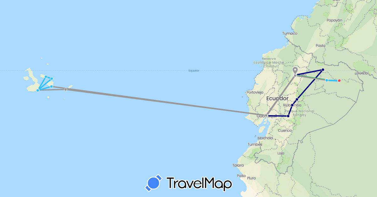 TravelMap itinerary: driving, bus, plane, hiking, boat in Ecuador (South America)