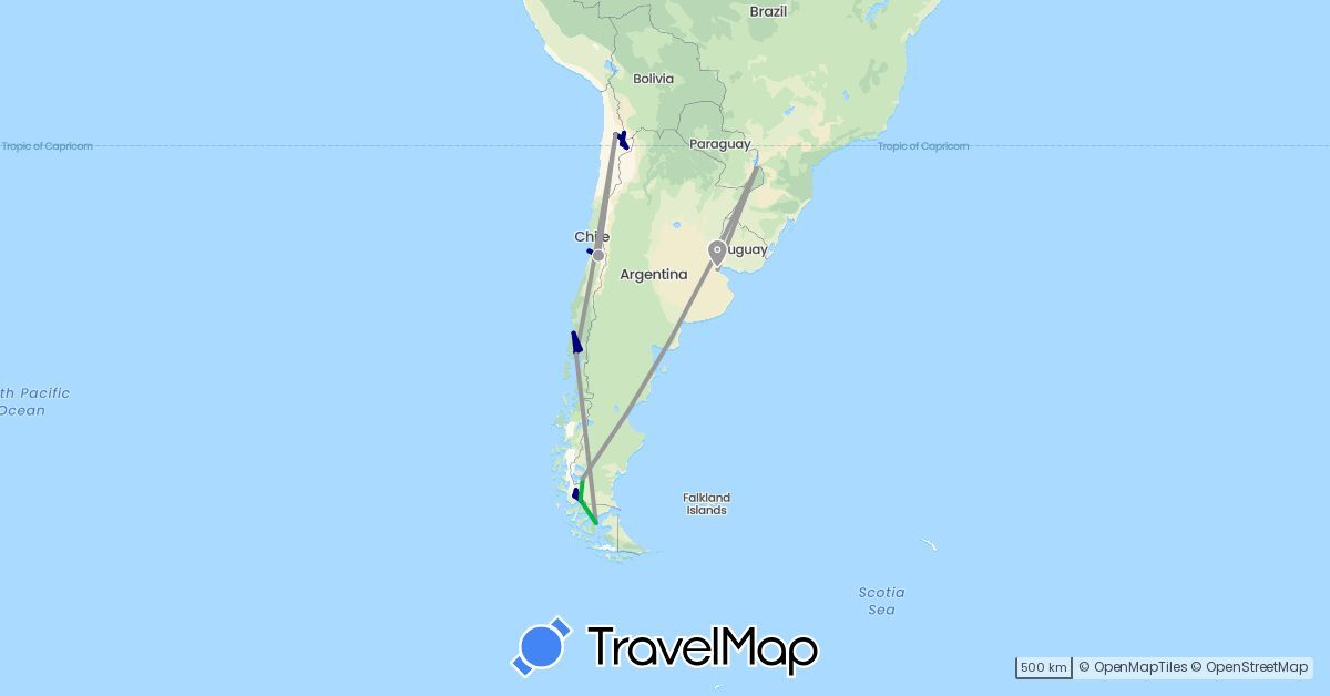 TravelMap itinerary: driving, bus, plane, boat in Argentina, Brazil, Chile (South America)
