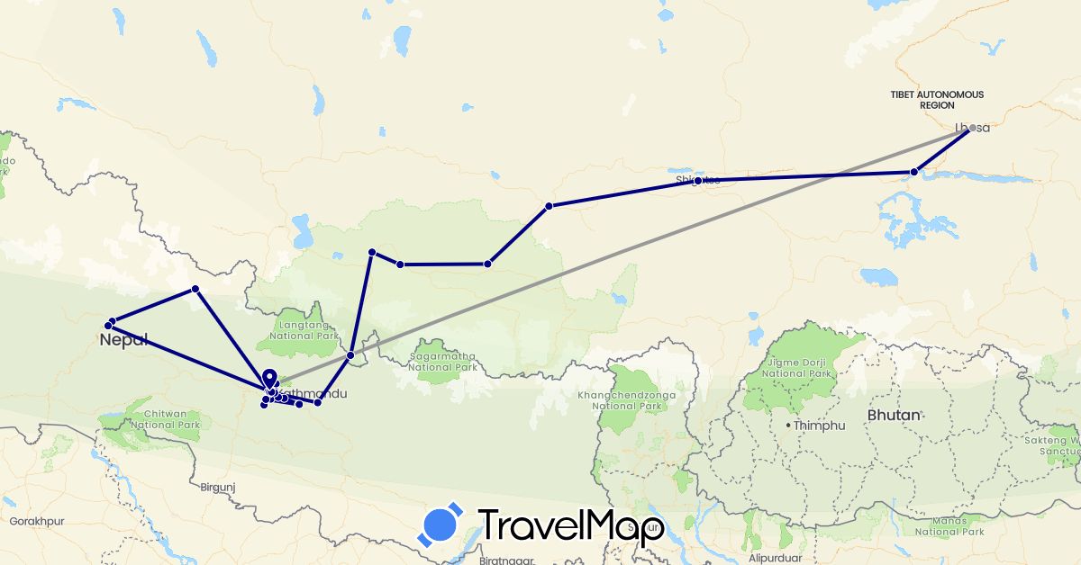 TravelMap itinerary: driving, plane in China, Nepal (Asia)