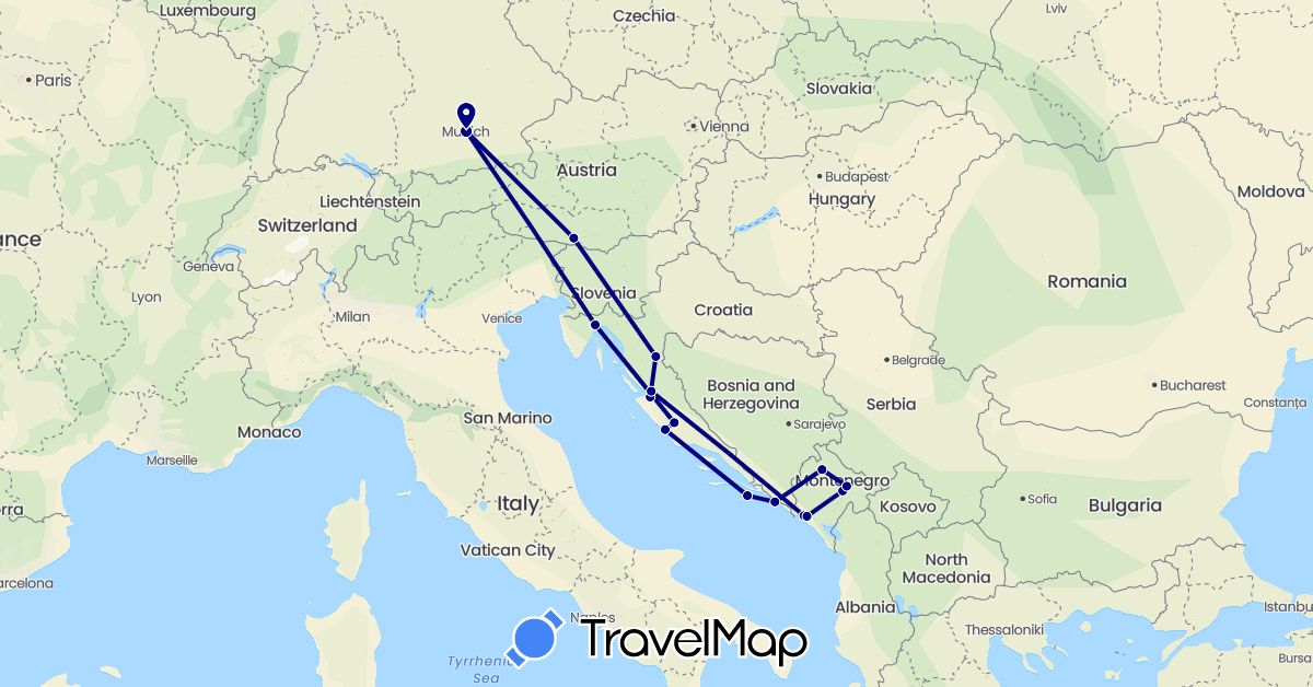 TravelMap itinerary: driving in Austria, Germany, Croatia, Montenegro (Europe)