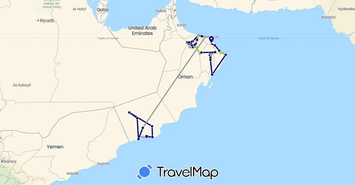 TravelMap itinerary: driving, plane, electric vehicle in Oman (Asia)